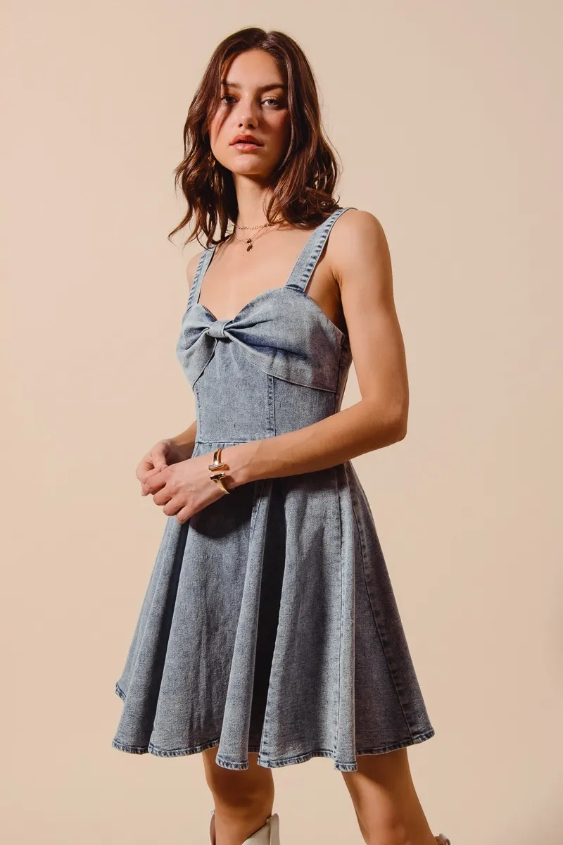 SO ME Mineral Washed Bow Ribbon Denim Flare Dress - Image 5