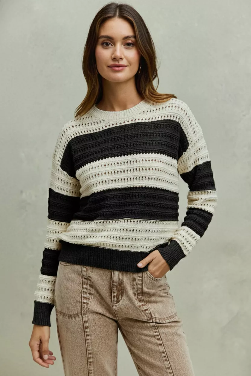 SO ME Openwork Round Neck Wide Stripe Textured Sweater - Image 2