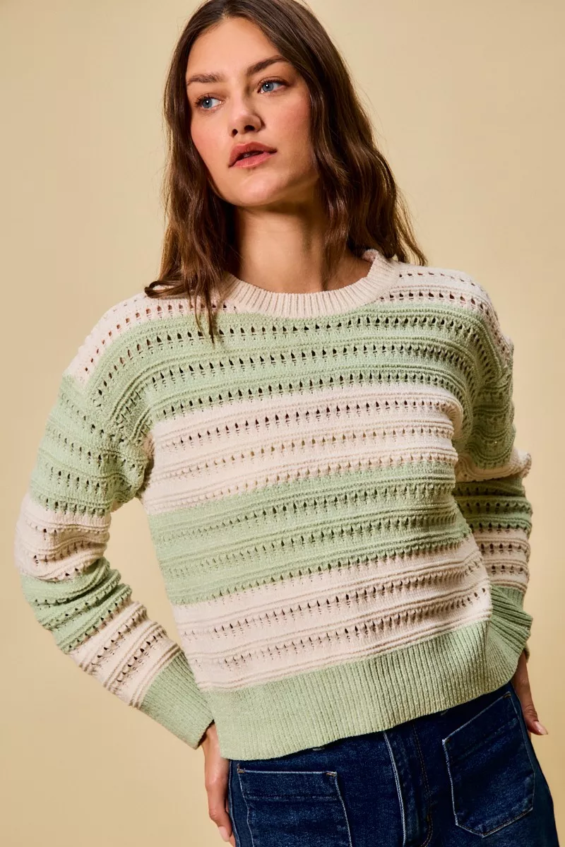 SO ME Openwork Round Neck Wide Stripe Textured Sweater - Image 3