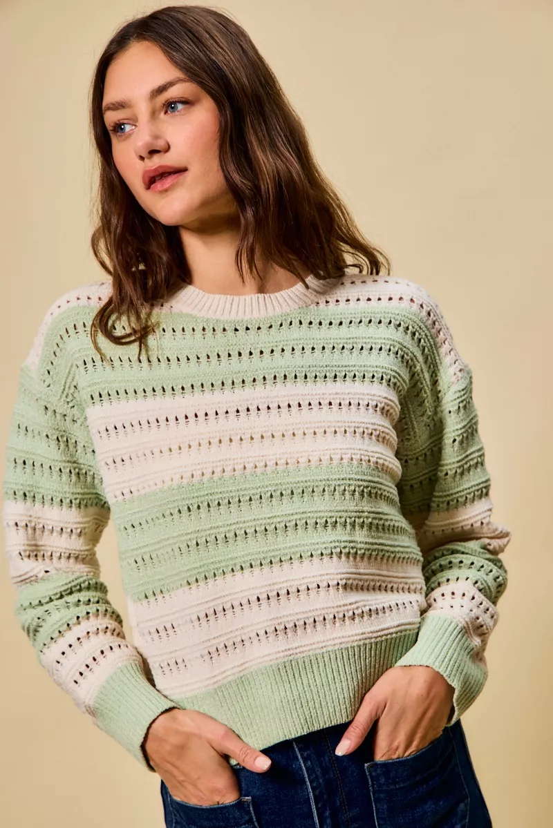 SO ME Openwork Round Neck Wide Stripe Textured Sweater - Image 4