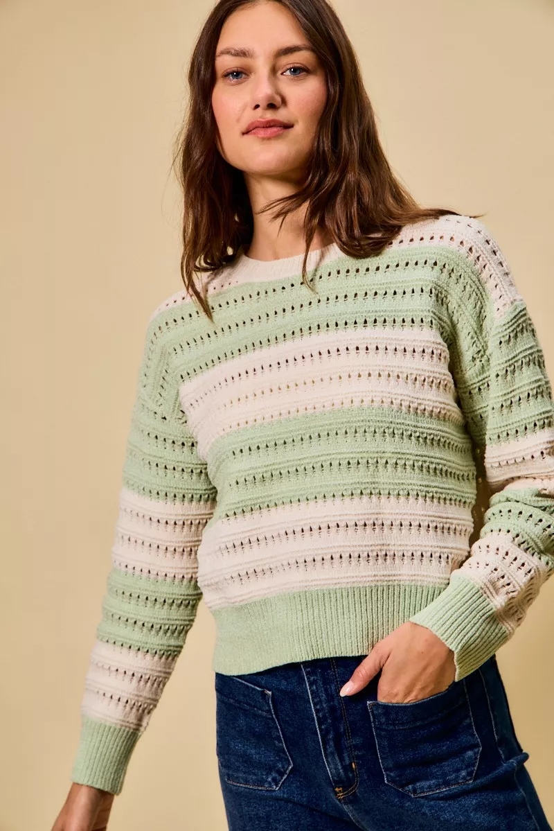 SO ME Openwork Round Neck Wide Stripe Textured Sweater - Image 5