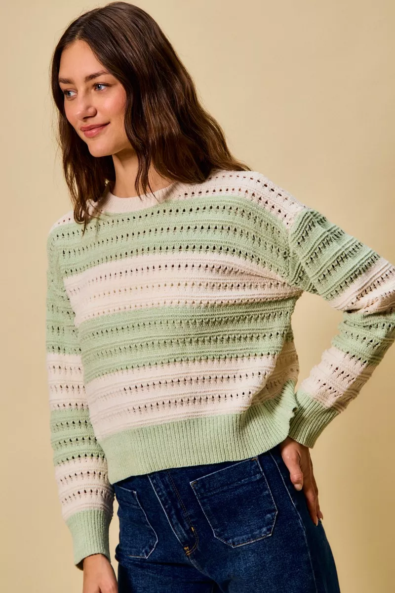 SO ME Openwork Round Neck Wide Stripe Textured Sweater - Image 7