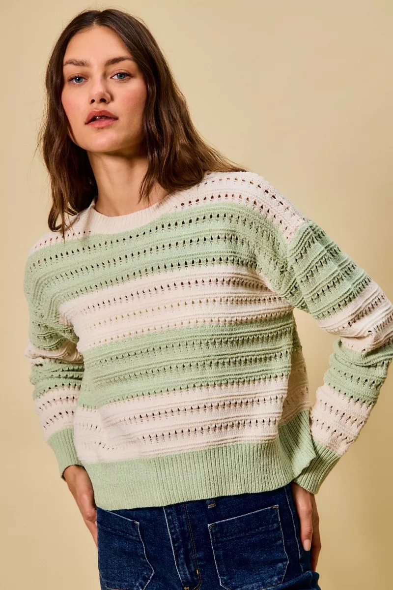 SO ME Openwork Round Neck Wide Stripe Textured Sweater - Image 8