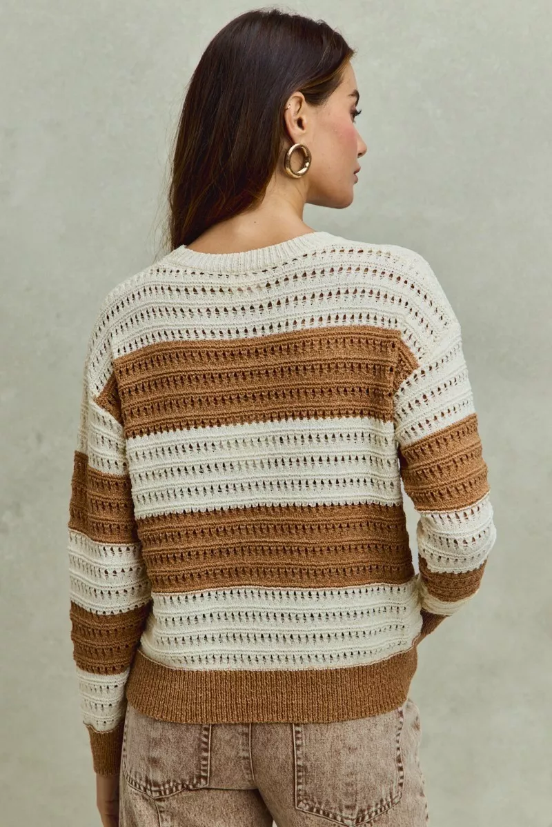 SO ME Openwork Round Neck Wide Stripe Textured Sweater - Image 8
