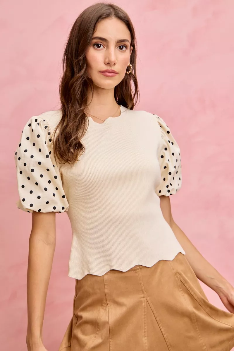 SO ME Polka Dot Contrast Woven Ballon Sleeve Blouse - Image 10