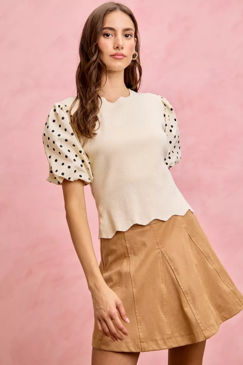 SO ME Polka Dot Contrast Woven Ballon Sleeve Blouse - Image 3