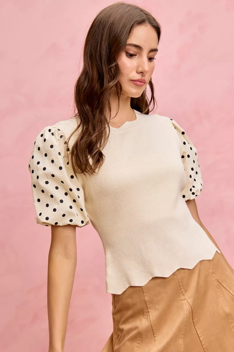 SO ME Polka Dot Contrast Woven Ballon Sleeve Blouse - Image 9