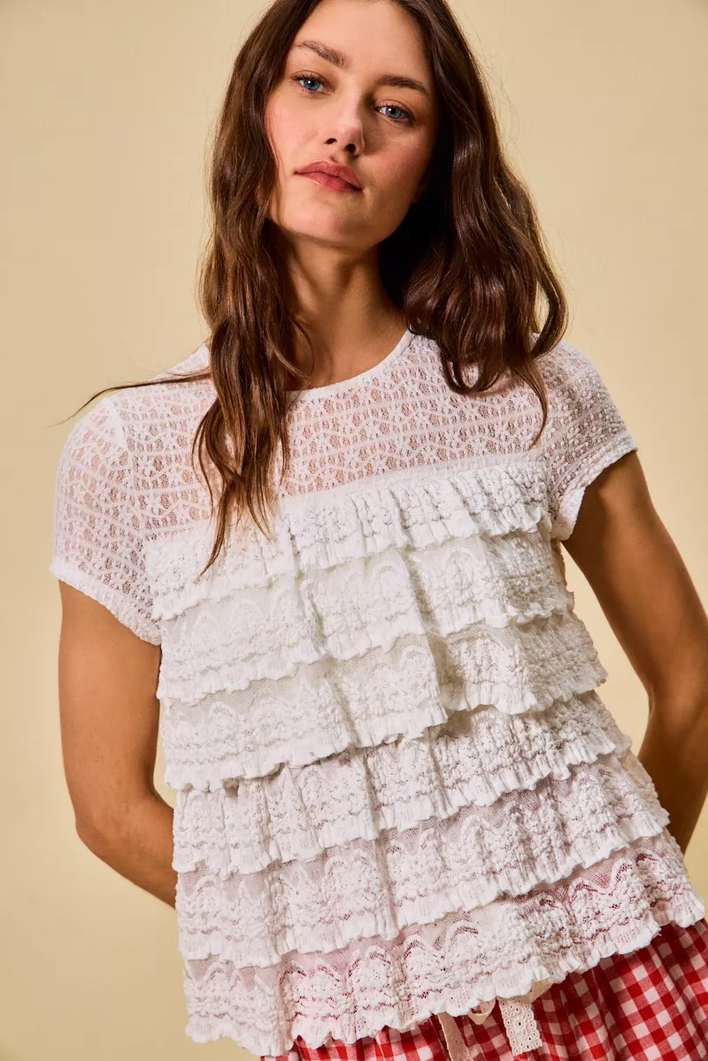 SO ME Ruffle Tiered Stretch Lace Short Sleeves Knit Top - Image 5
