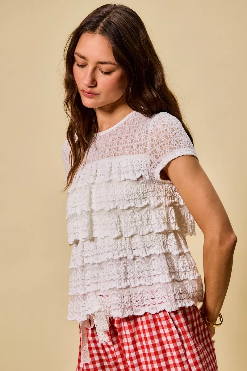 SO ME Ruffle Tiered Stretch Lace Short Sleeves Knit Top - Image 6