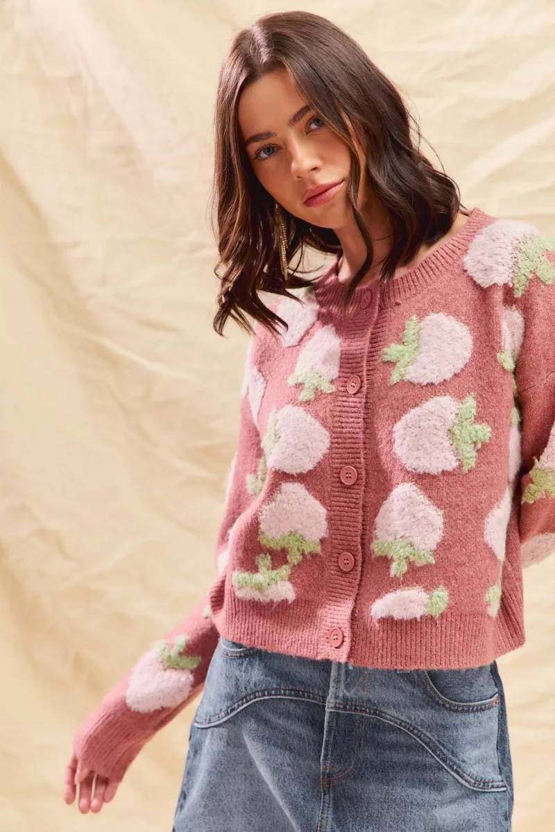 SO ME Strawberry Fruit All Over Button Sweater Cardigan - Image 12