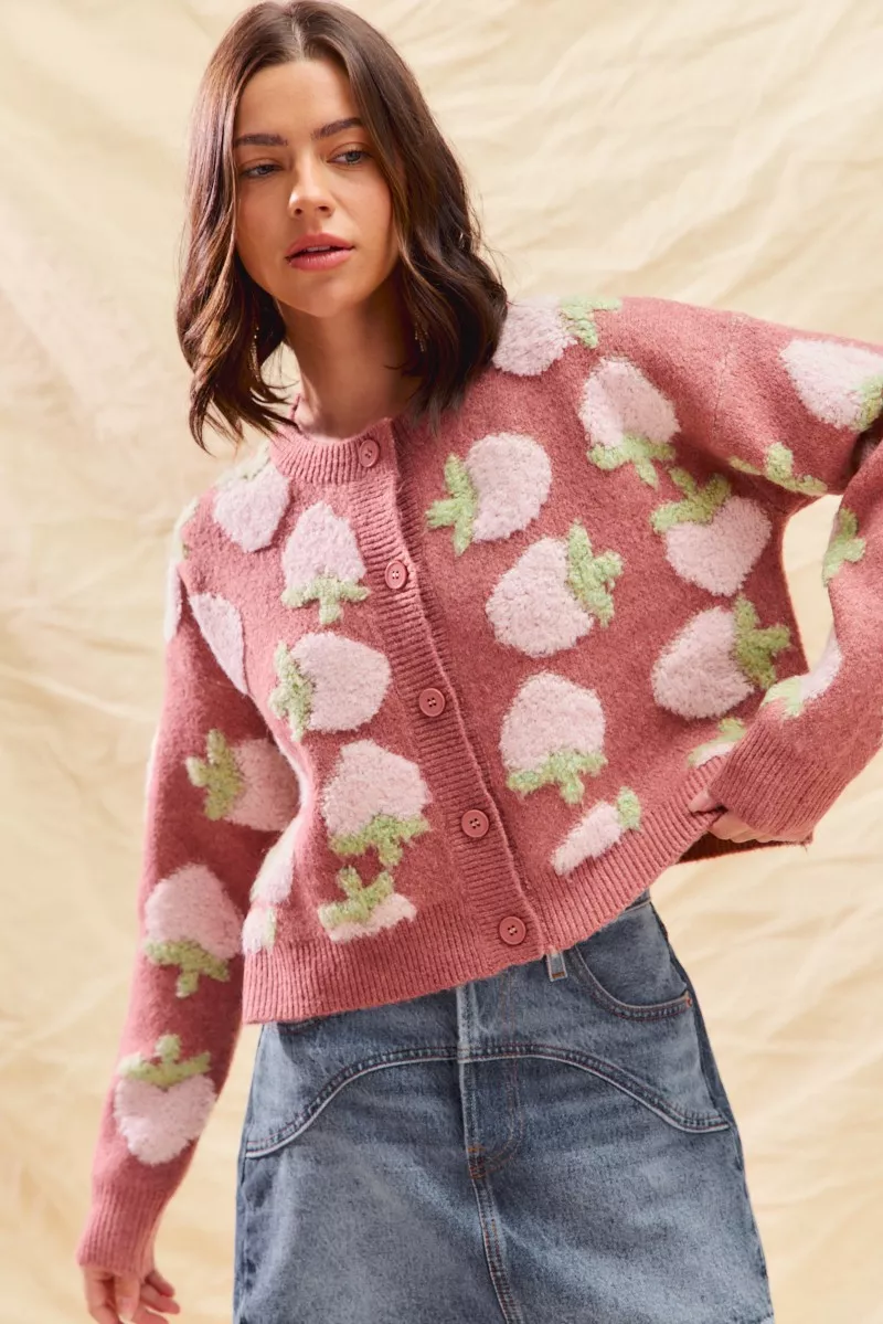 SO ME Strawberry Fruit All Over Button Sweater Cardigan - Image 13