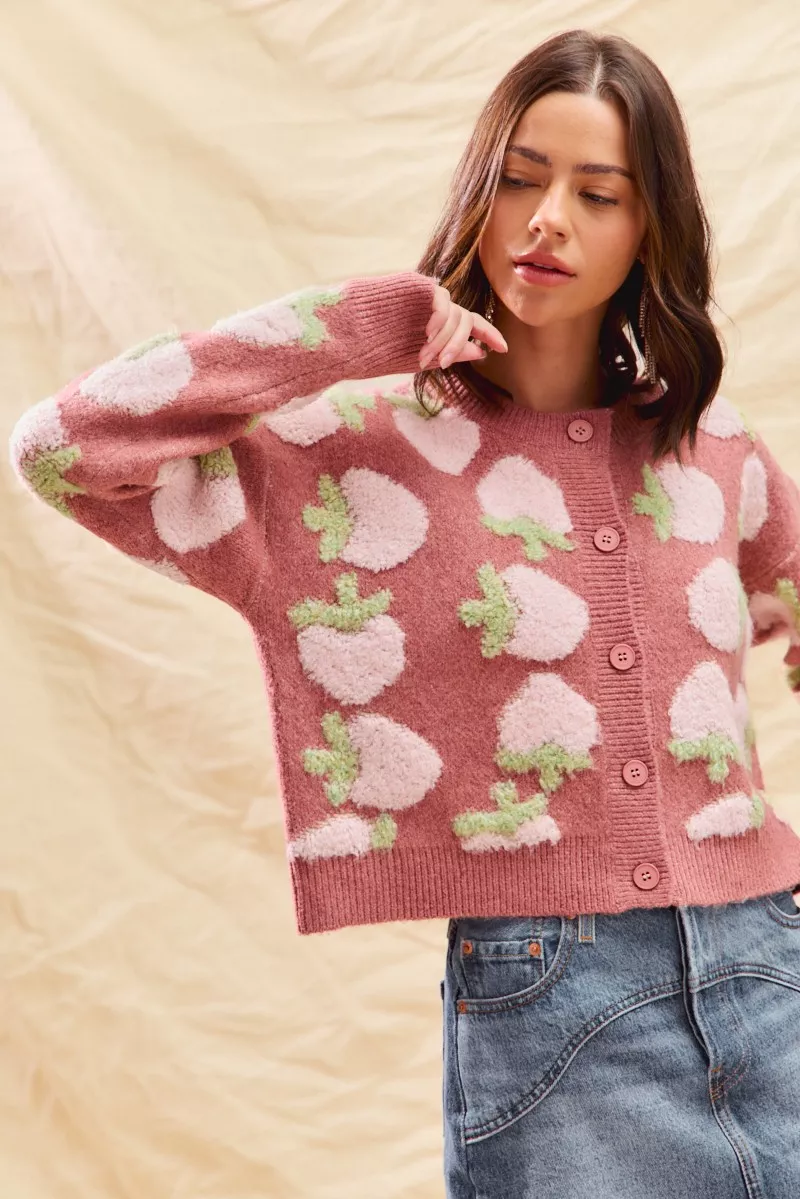 SO ME Strawberry Fruit All Over Button Sweater Cardigan - Image 15