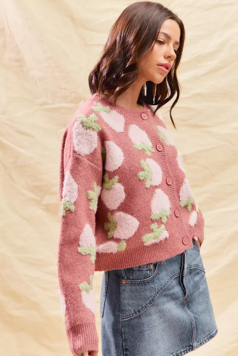 SO ME Strawberry Fruit All Over Button Sweater Cardigan - Image 8