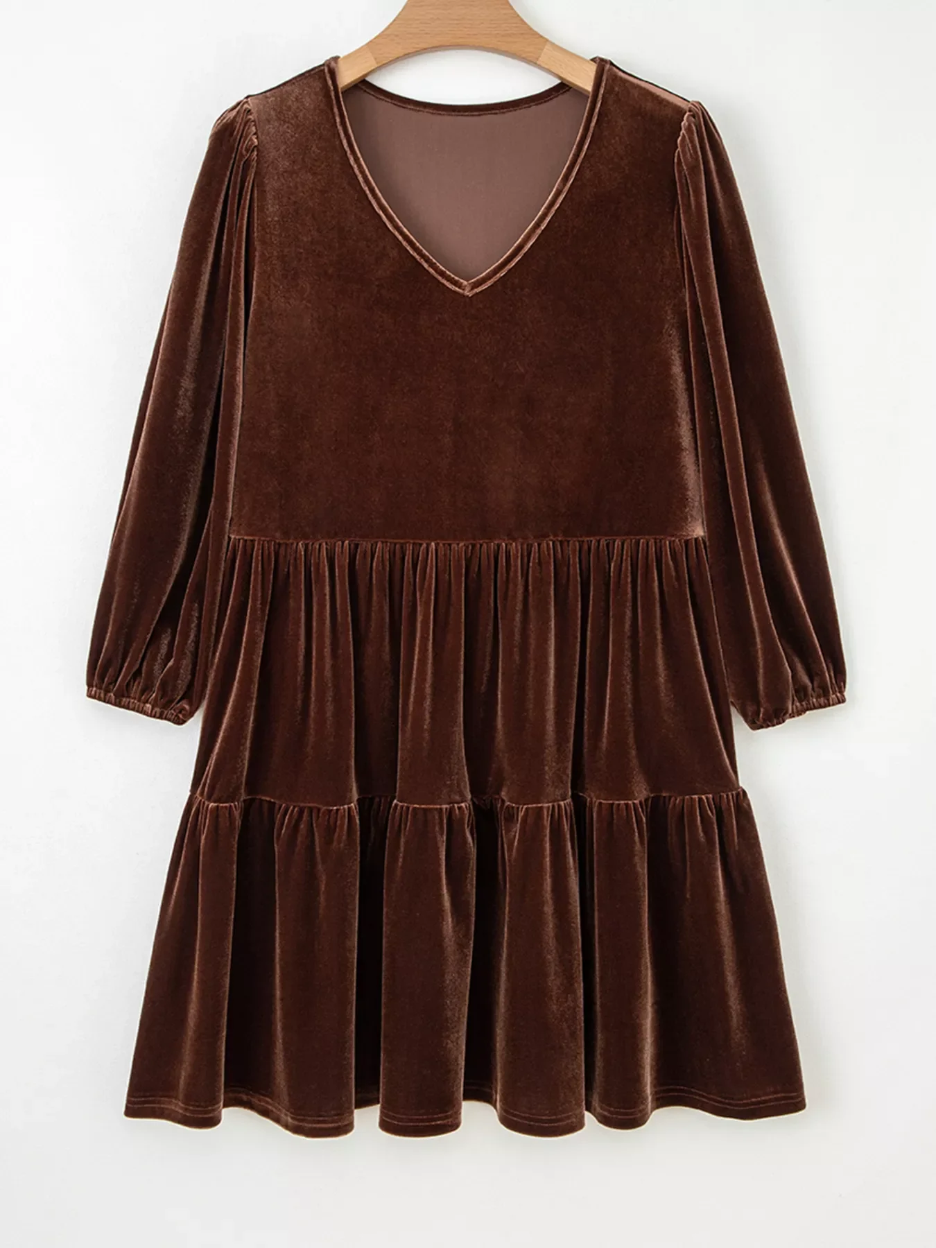 Solid Color Velvet V Neck Long Sleeve Tiered Mini Dress - Image 2