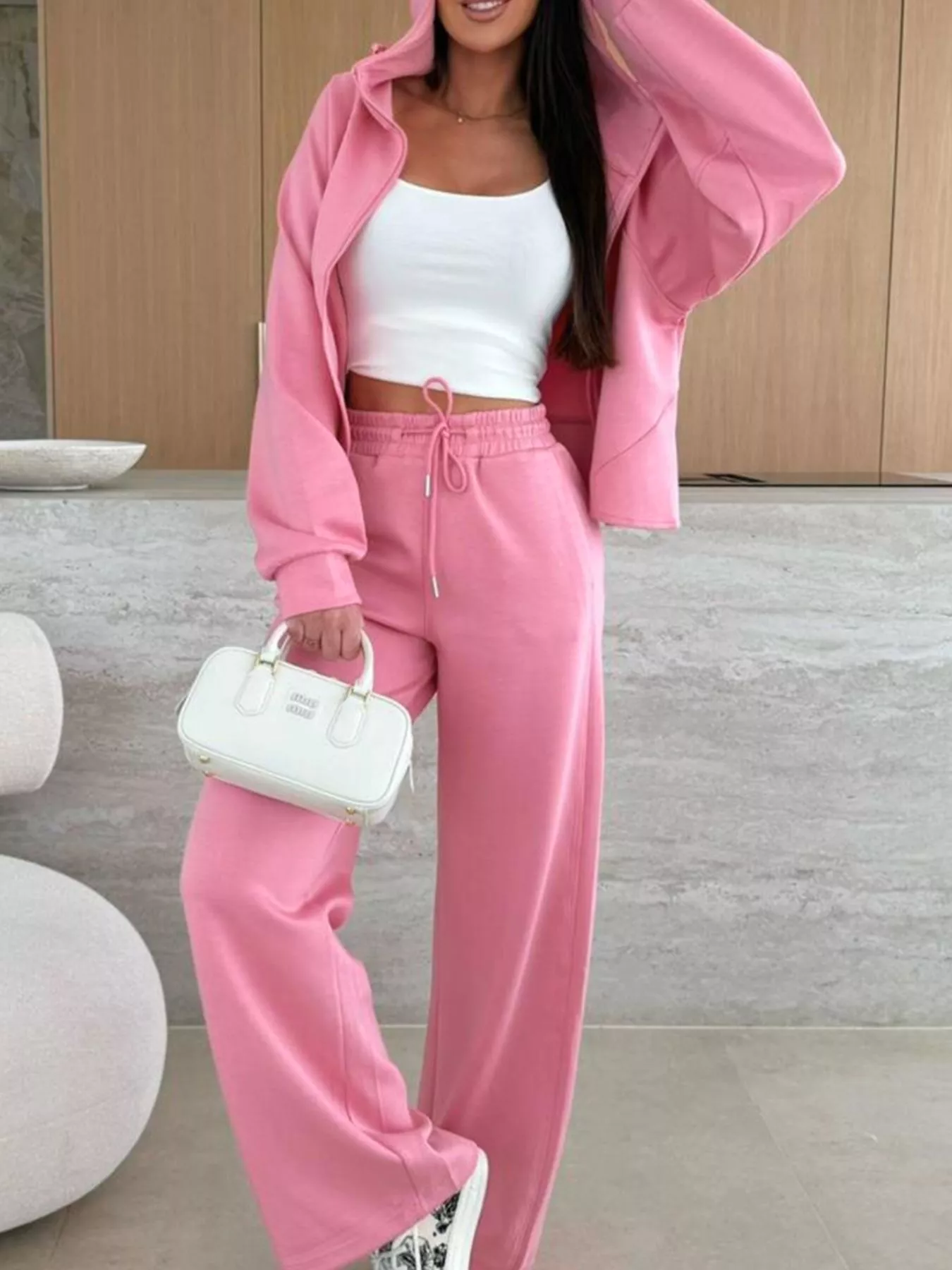 Solid Color Zip Up Hoodie Drawstring Loose Pants Set