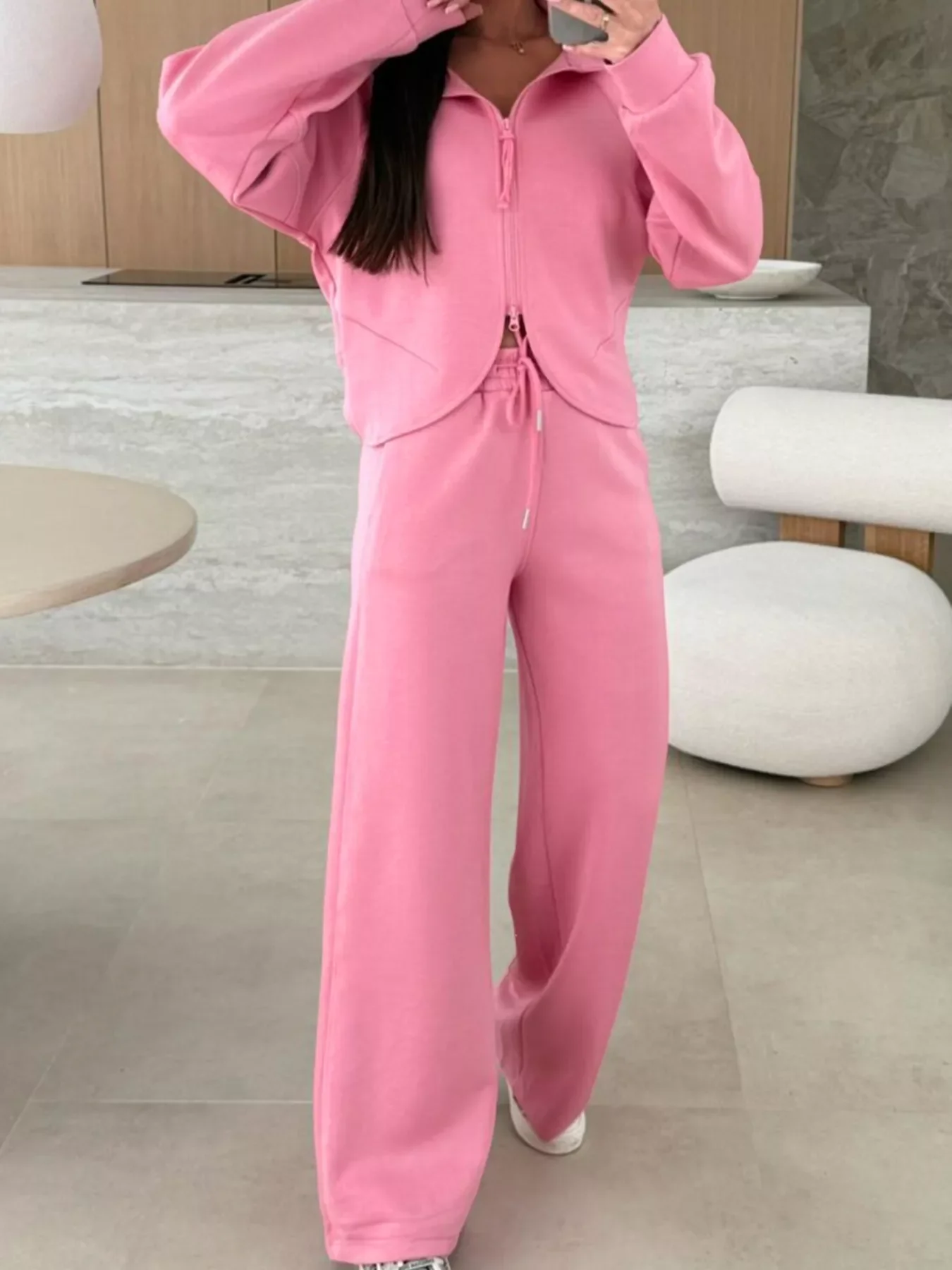 Solid Color Zip Up Hoodie Drawstring Loose Pants Set - Image 2