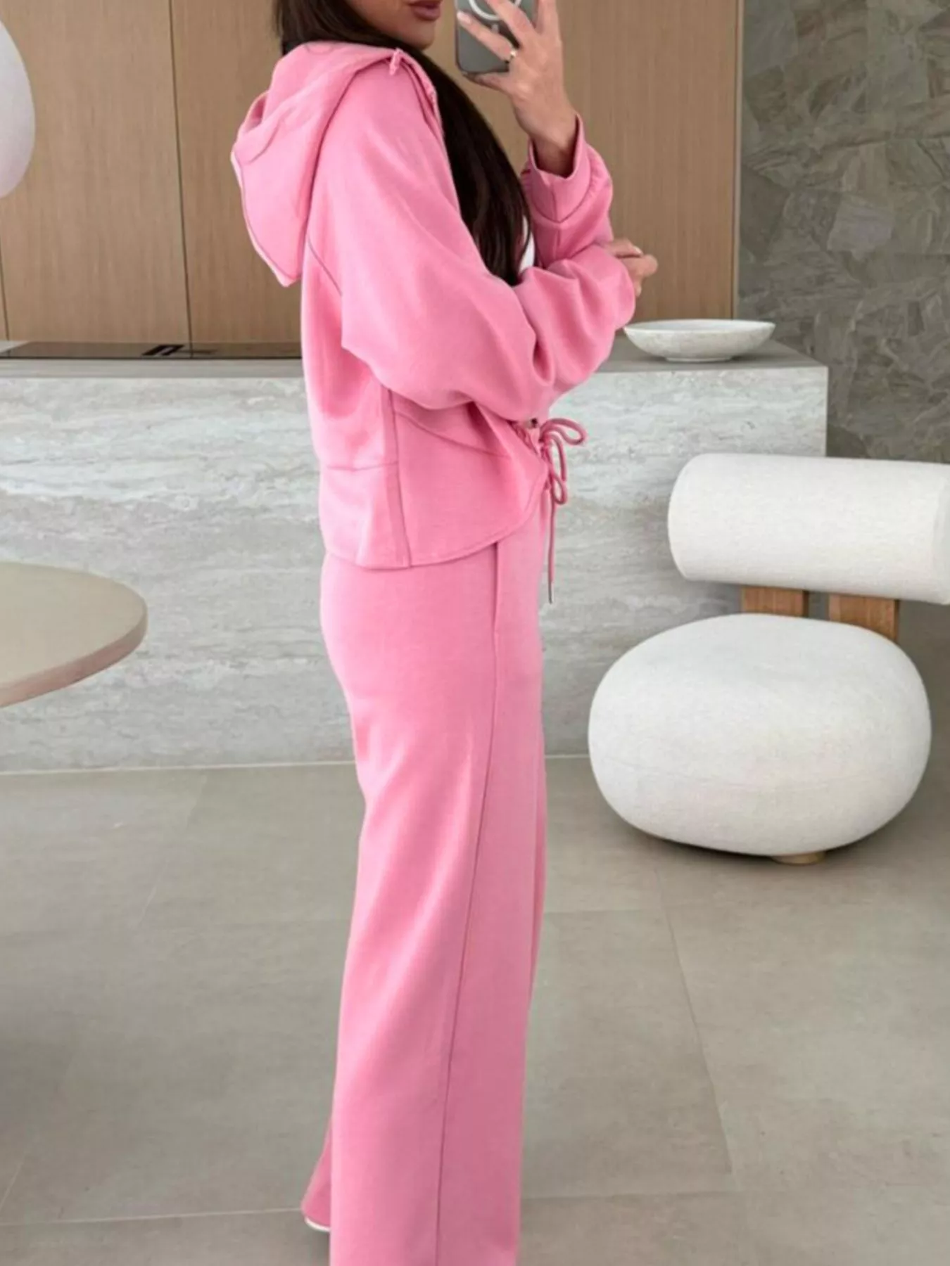 Solid Color Zip Up Hoodie Drawstring Loose Pants Set - Image 3