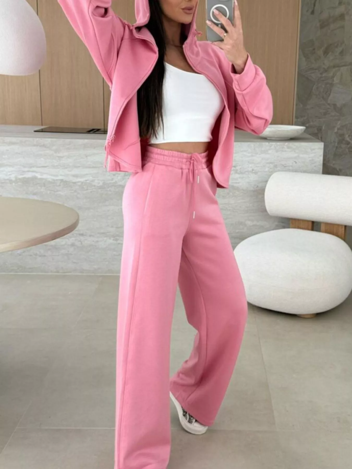 Solid Color Zip Up Hoodie Drawstring Loose Pants Set - Image 4