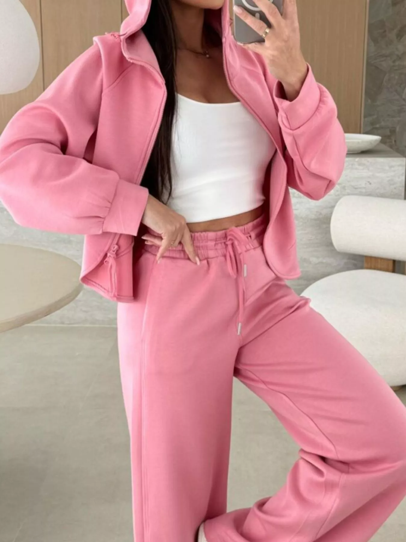 Solid Color Zip Up Hoodie Drawstring Loose Pants Set - Image 5