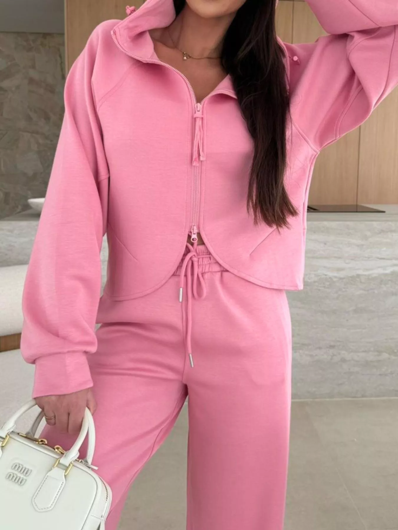 Solid Color Zip Up Hoodie Drawstring Loose Pants Set - Image 6