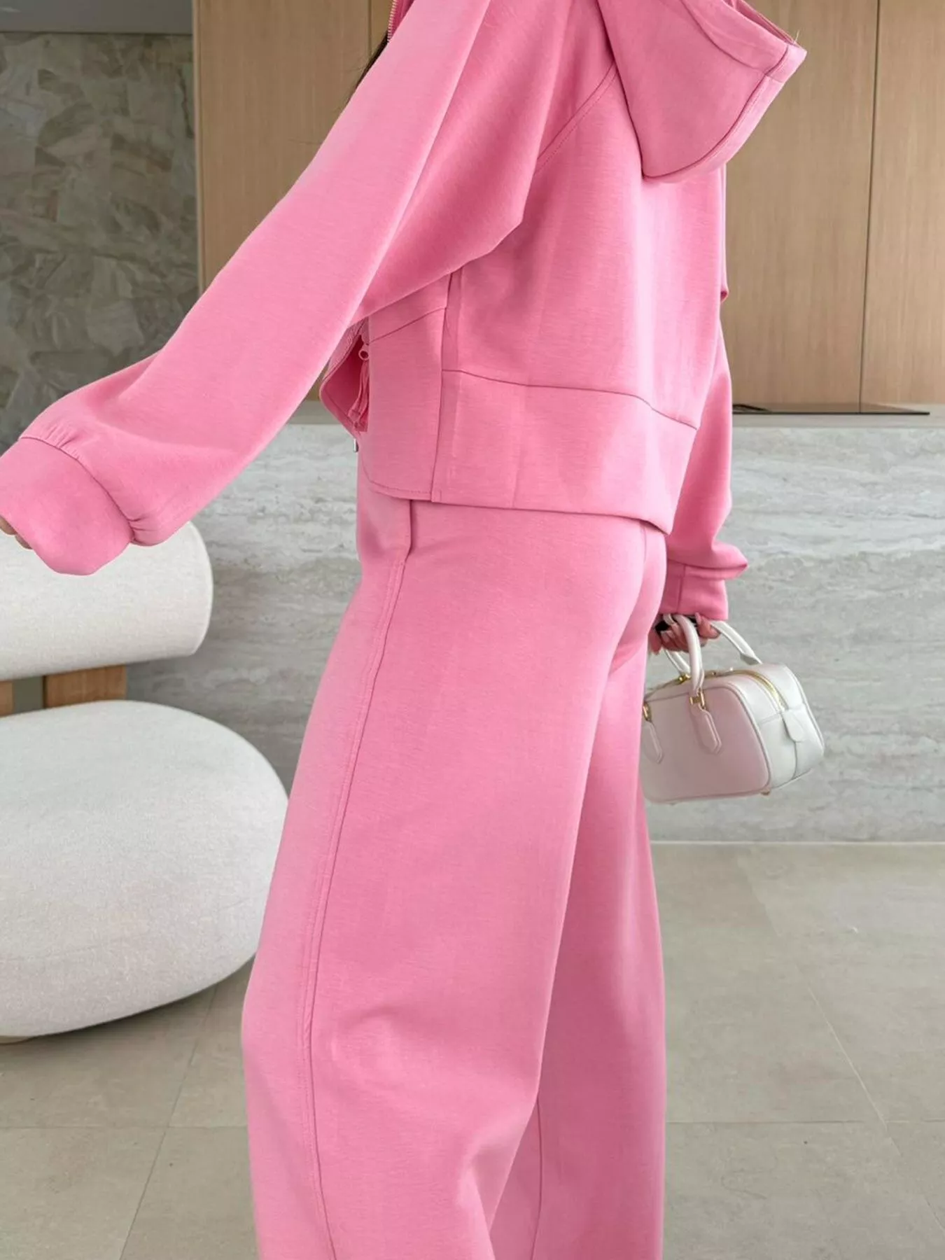Solid Color Zip Up Hoodie Drawstring Loose Pants Set - Image 7