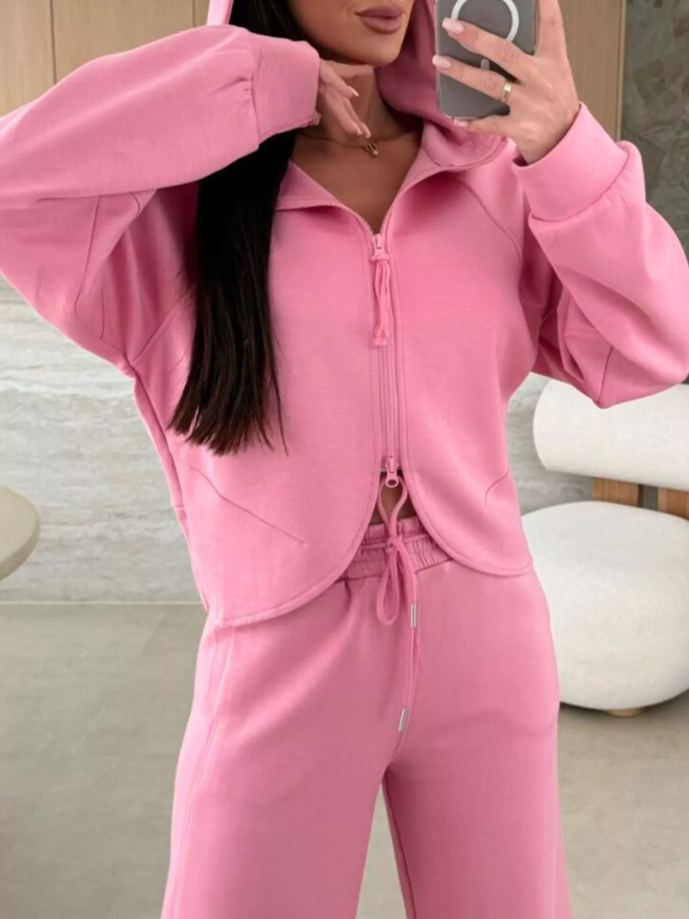Solid Color Zip Up Hoodie Drawstring Loose Pants Set - Image 8