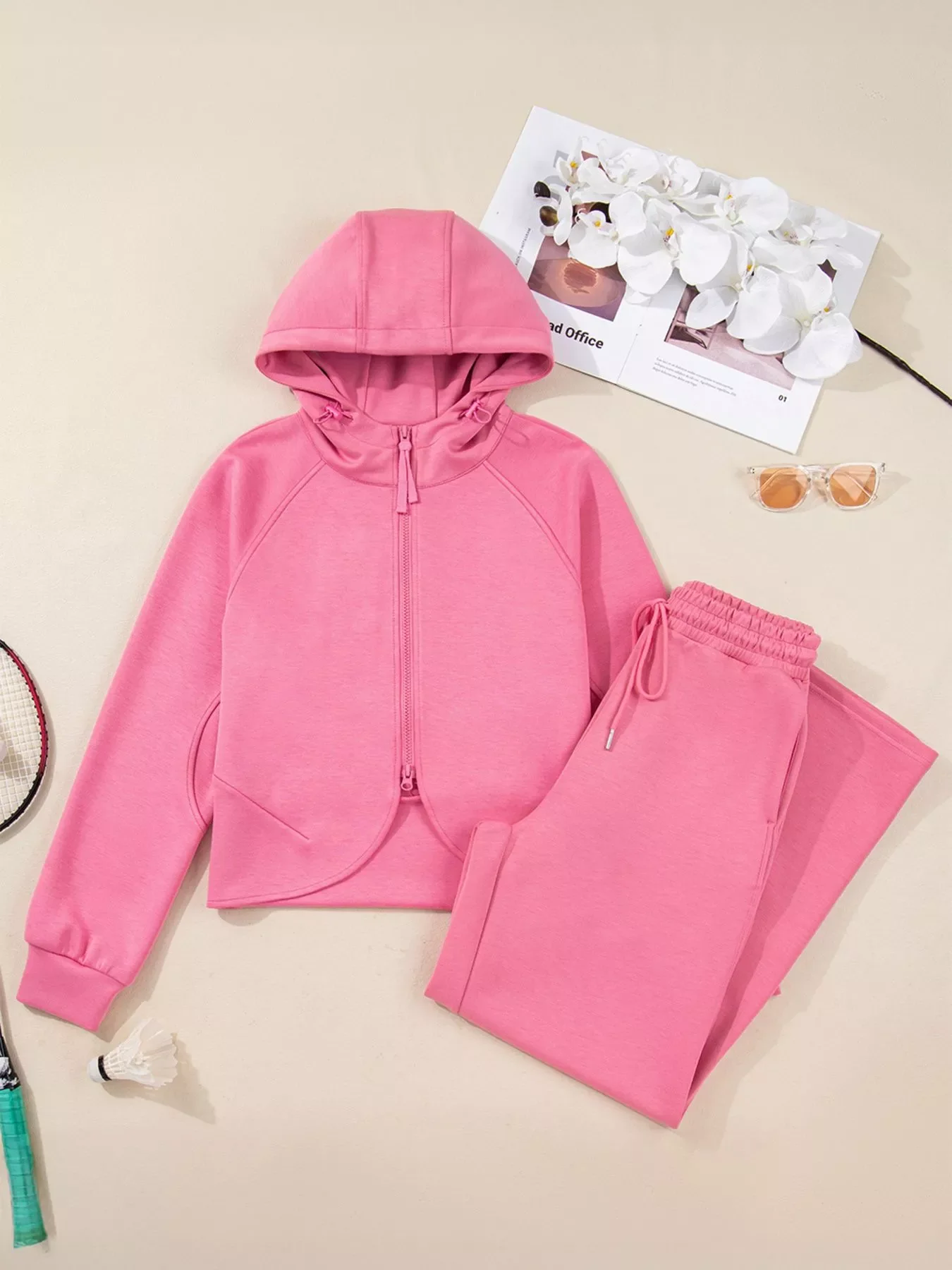 Solid Color Zip Up Hoodie Drawstring Loose Pants Set - Image 9