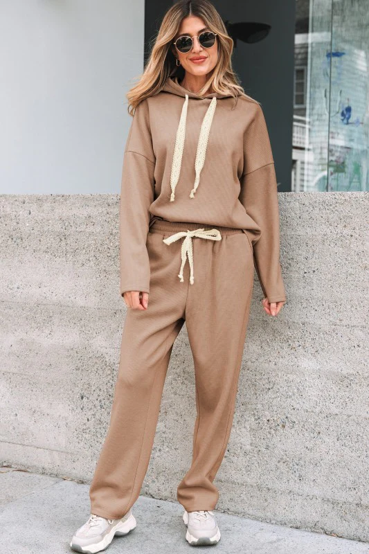 Solid Corduroy Lace Hoodie and Pants Set - Image 19