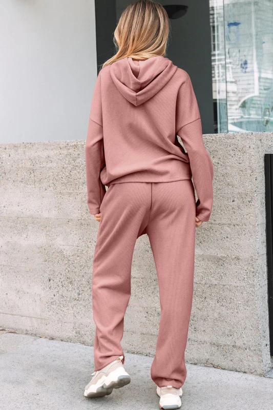 Solid Corduroy Lace Hoodie and Pants Set - Image 2