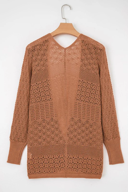 Solid Hollow Knit Open-Front Cardigan - Image 11