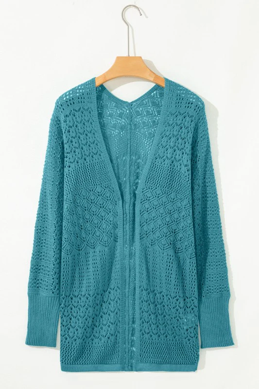 Solid Hollow Knit Open-Front Cardigan - Image 14