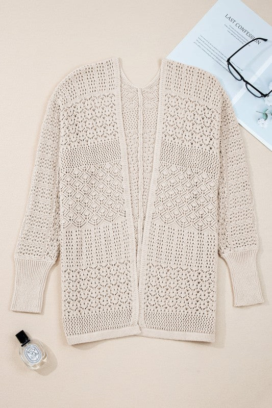Solid Hollow Knit Open-Front Cardigan - Image 6