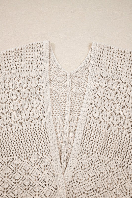 Solid Hollow Knit Open-Front Cardigan - Image 8
