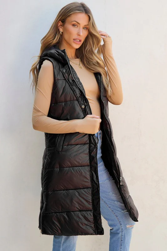 Solid Quilted Long Hooded Vest Coat - Image 3