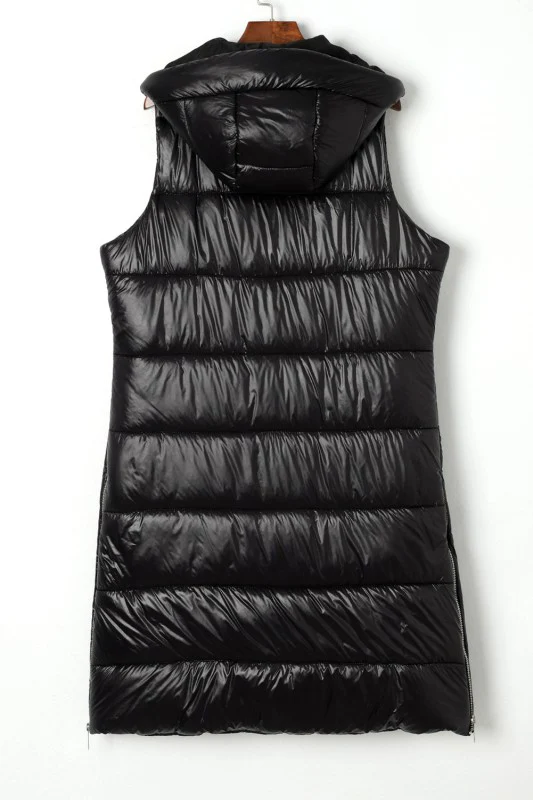 Solid Quilted Long Hooded Vest Coat - Image 7