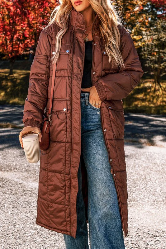 Solid Quilted Stand-Neck Zip-Up Buttoned Puffer C