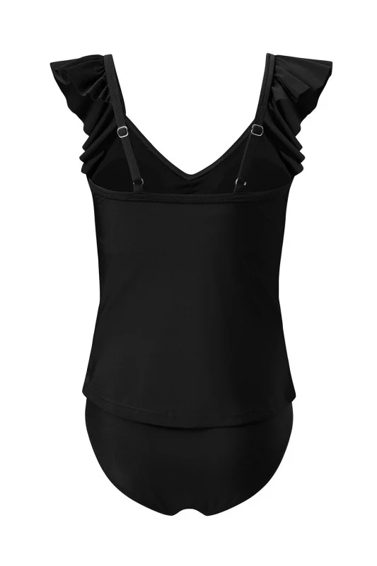 Solid Ruffle Crossed Cutout Tankini Set - Image 7