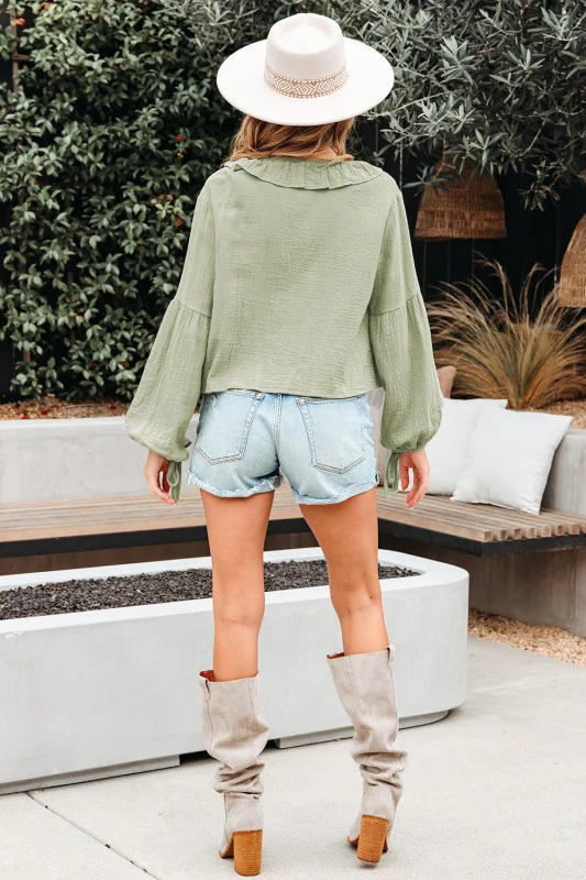 Solid Tie Front V-Neck Ruffle Trim Blouse - Image 2