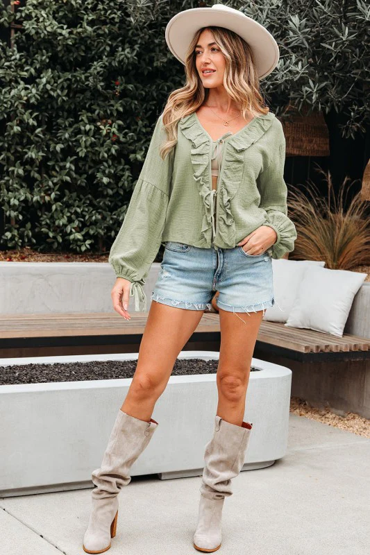 Solid Tie Front V-Neck Ruffle Trim Blouse - Image 4