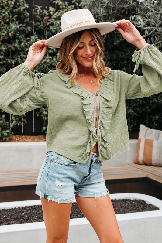 Solid Tie Front V-Neck Ruffle Trim Blouse - Image 5