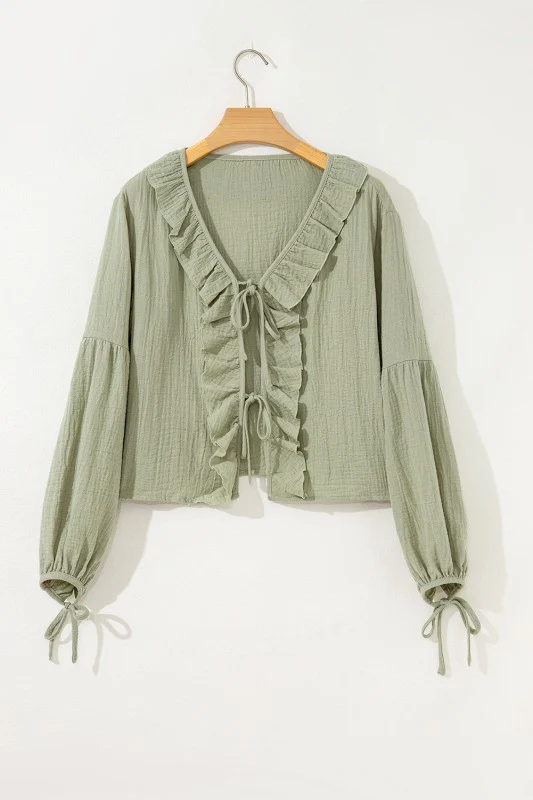 Solid Tie Front V-Neck Ruffle Trim Blouse - Image 6