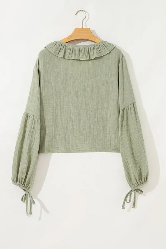 Solid Tie Front V-Neck Ruffle Trim Blouse - Image 7