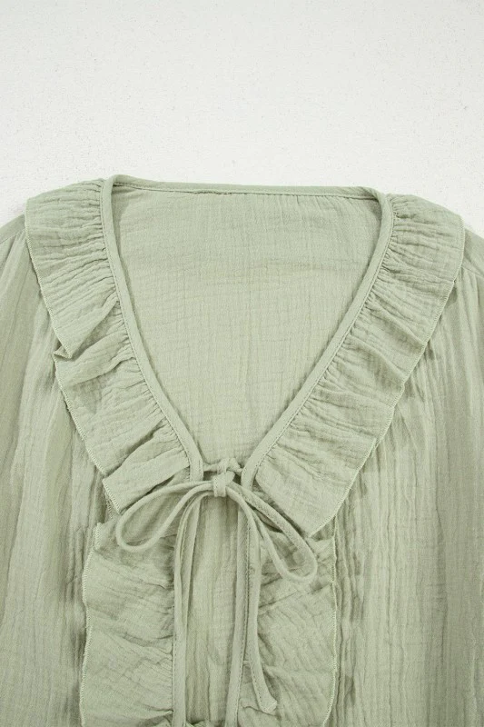 Solid Tie Front V-Neck Ruffle Trim Blouse - Image 8