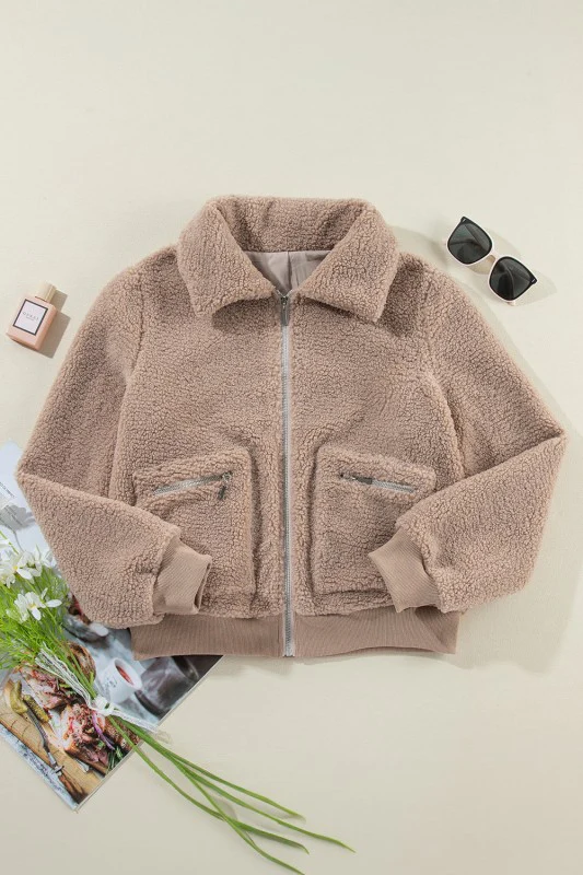 Solid Zip-Up Pocketed Fuzzy Jacket - Image 5