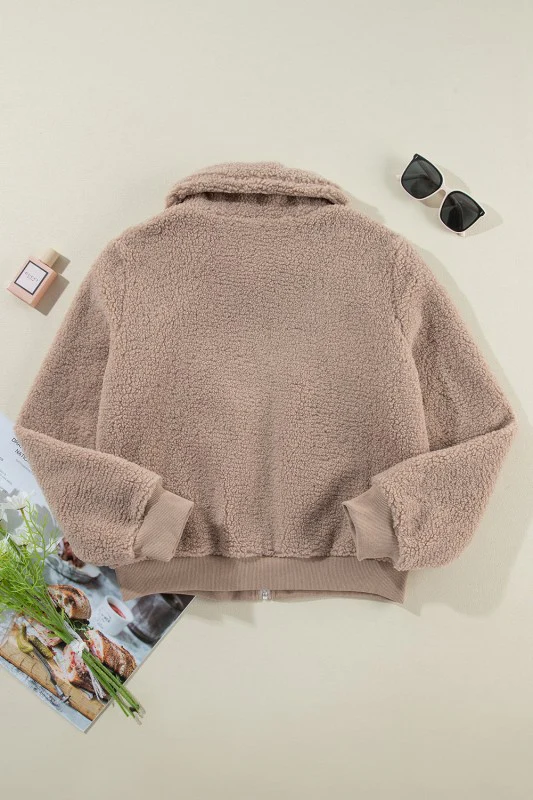 Solid Zip-Up Pocketed Fuzzy Jacket - Image 6