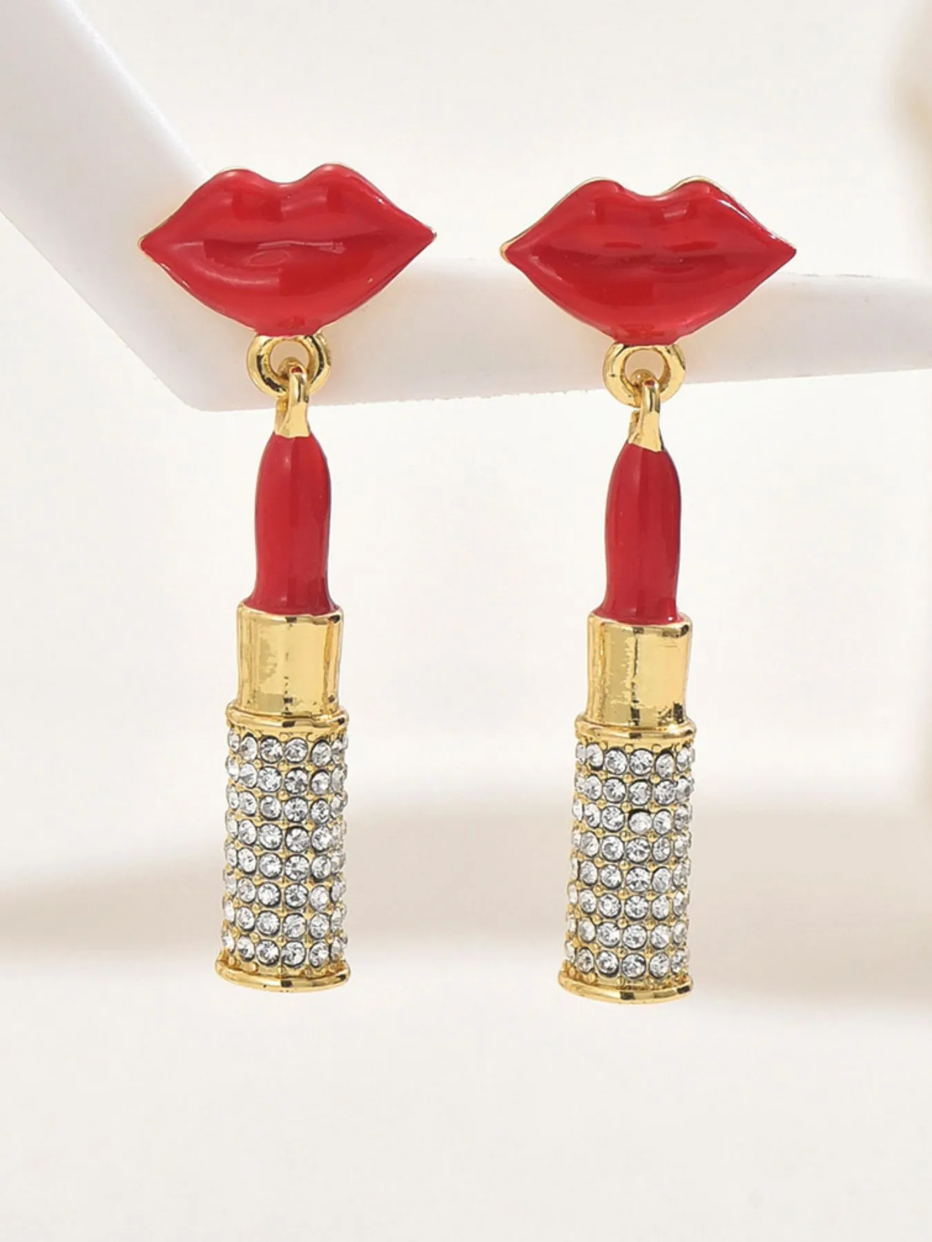 Stainless Steel Resin Lips Lipstick Rhinestone Earrings - Image 3