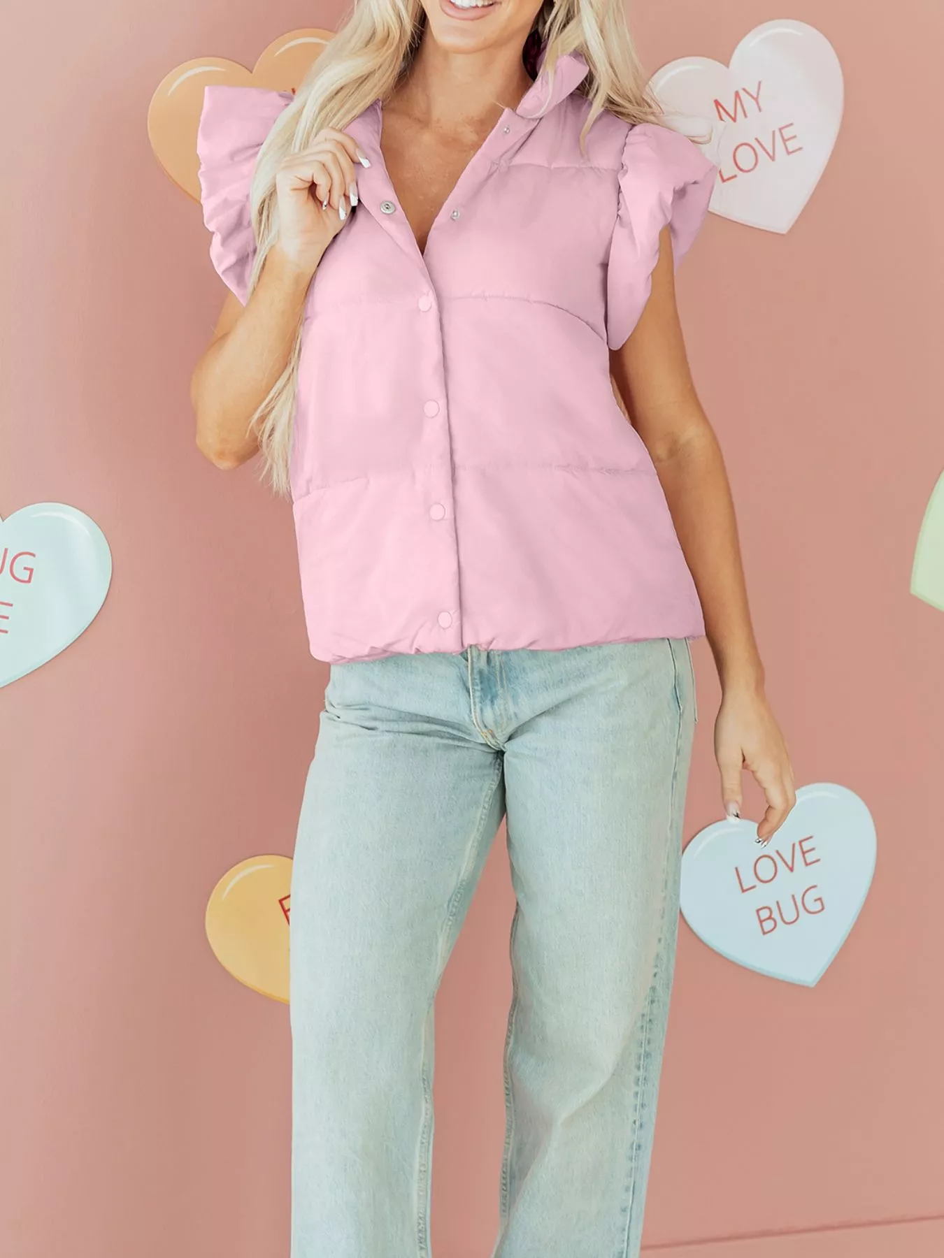 Stand Neck Flutter Sleeve Snap Button Puffer Vest - Image 4