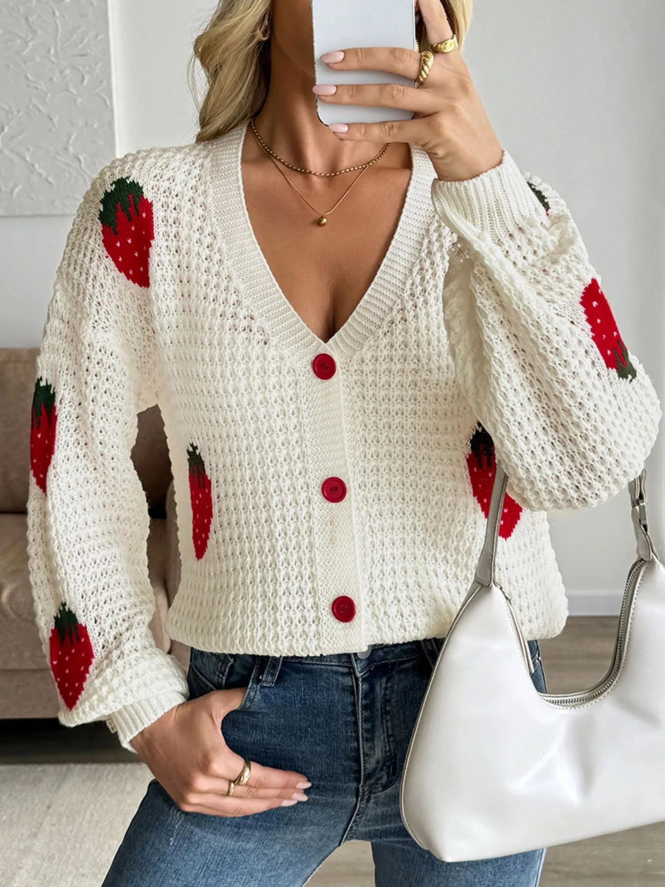 Strawberry Pattern V-Neck Button-Up Cardigan - Image 5