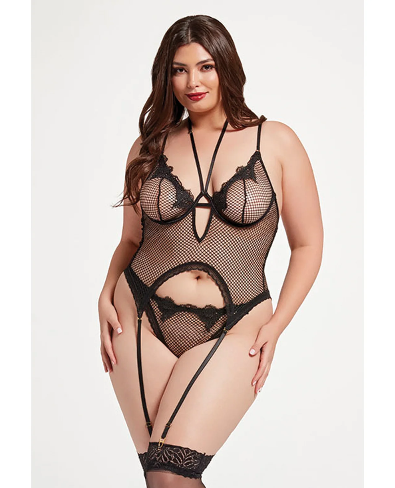Stretch Mesh and Lace Cami w/Thong 2 pc Set - Black QN