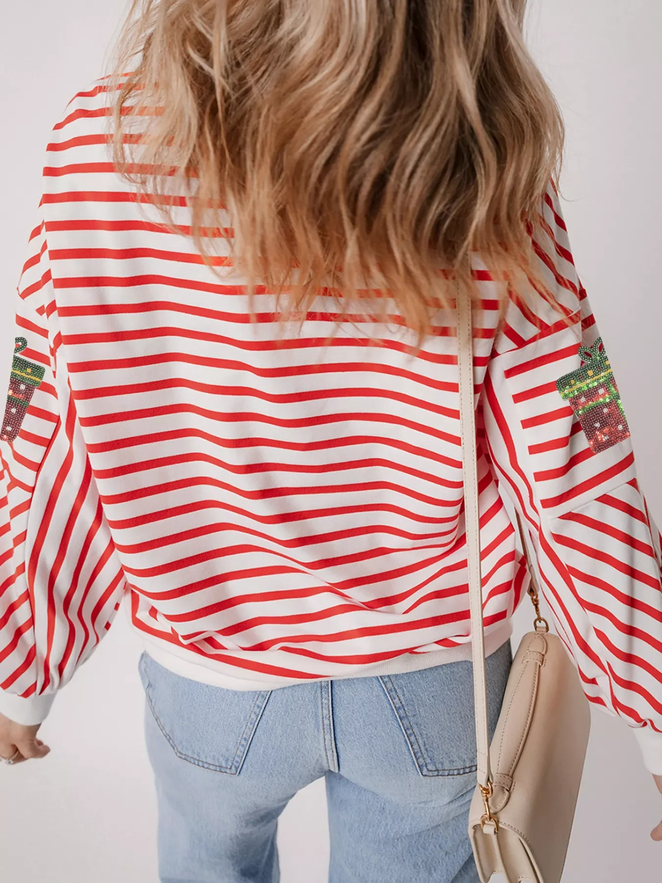 Stripe Sequin Christmas Gift Patched Drop Shoulder Sweatshirt - Image 2